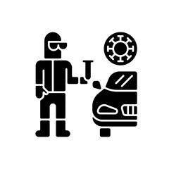 Drive through covid testing black glyph icon. Check for coronavirus. Pandemic precaution. Quarantine health checkup. Sanitize for virus. Silhouette symbol on white space. Vector isolated illustration