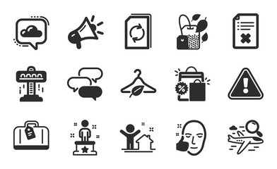Reject file, Shopping bags and Hand baggage icons simple set. Healthy face, Cloud communication and Talk bubble signs. Update document, Megaphone and Slow fashion symbols. Flat icons set. Vector