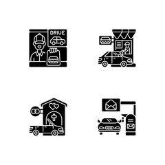Car in drive thru lane black glyph icons set on white space. Fast food restaurant window. Chapel for wedding. Convenience mailbox for driver. Silhouette symbols. Vector isolated illustration