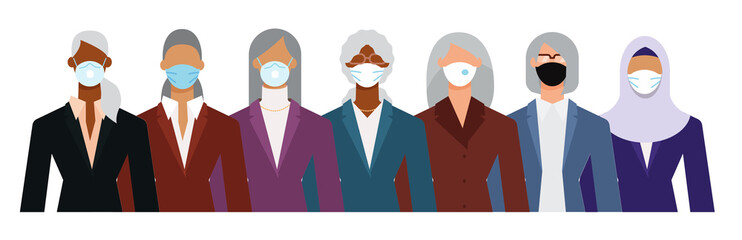 Crowd of diverse senior age business woman wearing face mask to protect themselves from the epidemic. Flat design vector illustration.