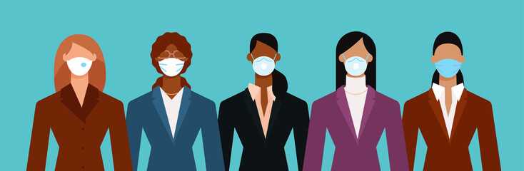 Crowd of diverse business woman wearing face mask to protect themselves from the epidemic. Flat design vector illustration.