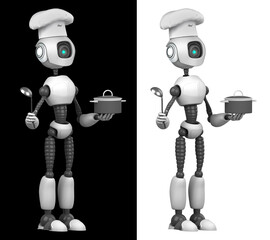Naklejka premium A humanoid robot chef cooks dishes. Isolated on black and white background. Future concept with robotics and artificial intelligence. 3D rendering.