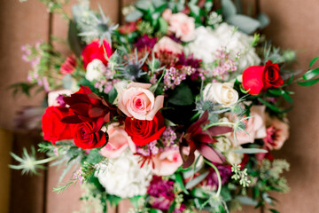 Bouquet of red and pink roses, wedding flower arrangement