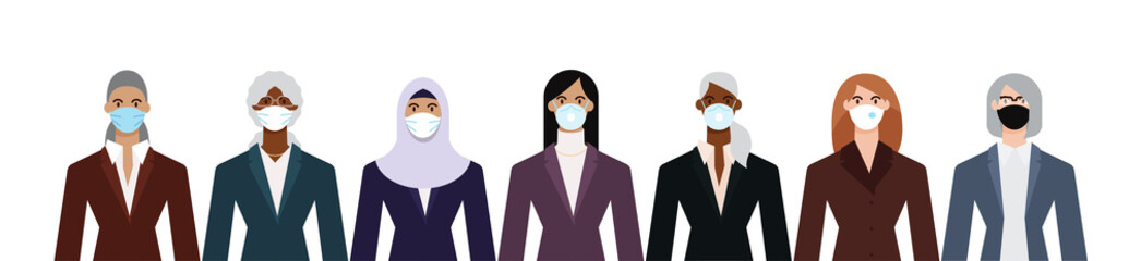 Crowd of diverse business woman wearing face mask to protect themselves from the epidemic. Flat design vector illustration.