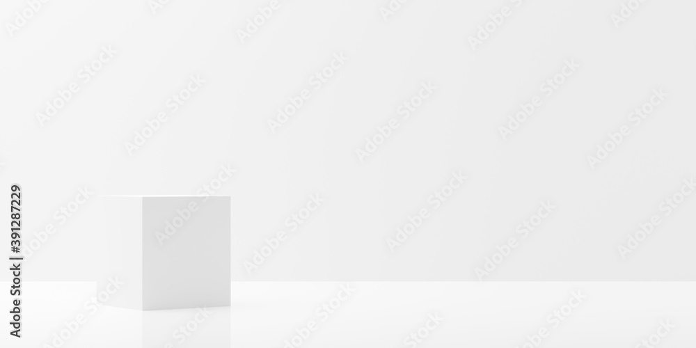 Poster empty modern abstract white room with elevated cube platform with copy space, product presentation t
