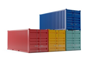 Stack of intermodal cargo shipping containers over white background