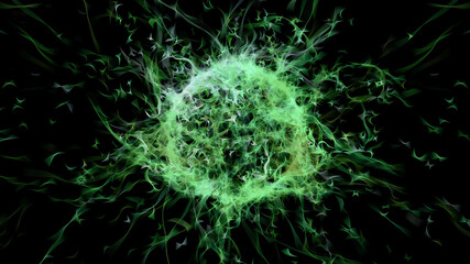 abstract green energy ball over black, gidital illustration