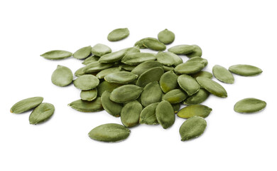 Pile of peeled pumpkin seeds isolated on white