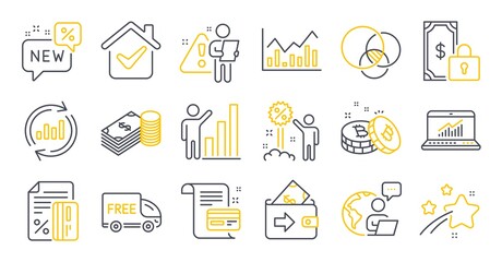 Set of Finance icons, such as Graph chart, Infochart, Credit card symbols. Payment card, Wallet, Discount signs. Update data, Savings, Free delivery. Private payment, Euler diagram, New. Vector