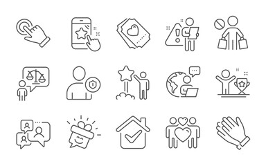 Fototapeta premium Support chat, Lawyer and Star rating line icons set. Clapping hands, Love ticket and Winner cup signs. Touchscreen gesture, Love couple and Stop shopping symbols. Smile, Star and Security. Vector