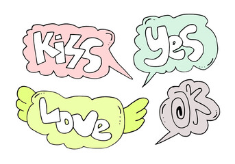 Handdrawn arrows, borders set with handwritten text:kiss,yes,love,ok. Vector icon.