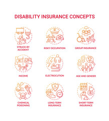 Disability insurance concept icons set. Short and long insurance variety. Age and gender. Medical help. Income idea thin line RGB color illustrations. Vector isolated outline drawings