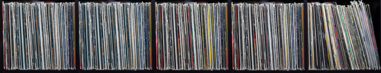 Collection of old vinyl records. Long banner