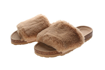 Pair of open toe slippers with brown fur on white background