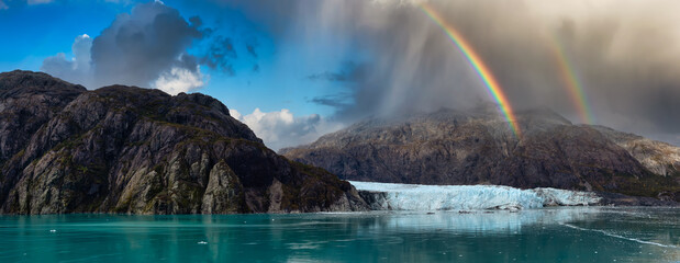 Beautiful Panoramic View of Margerie Glacier in the American Mountain Landscape on the Ocean Coast....