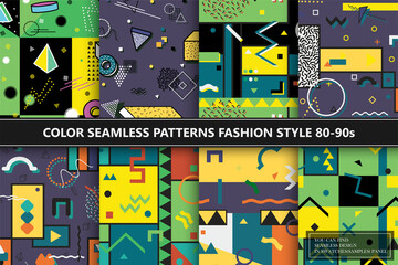 Collection of colorful abstract seamless patterns with creative geometric shapes. Trendy design, fashion retro style 80 - 90s. Artistic bright backgrounds