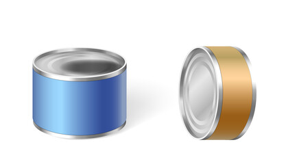 Small food cans set. Canned metal packaging template for branding or label design
