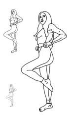 Vector silhouette of the pretty girl dressed in leggings and top for fitness. Sketch in the black line style.