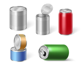 Set of tic cans for food and drinks storage, template 3d realistic metal packages