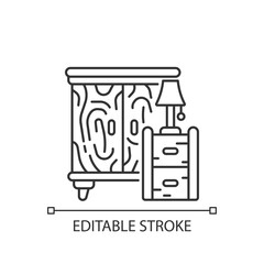Wooden furniture linear icon. Drawers, cupboards. Handcrafted design. Solid woods. Thin line customizable illustration. Contour symbol. Vector isolated outline drawing. Editable stroke