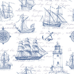 Old caravel, vintage sailboat. Hand drawn vector sketch. Detail of the old geographical maps of sea. Vector seamless pattern