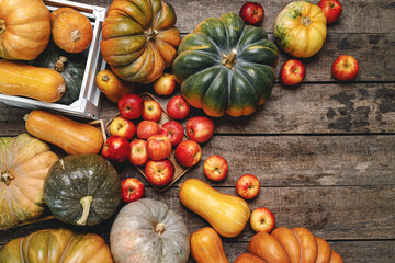 Colorful autumn background with pumpkins and apples