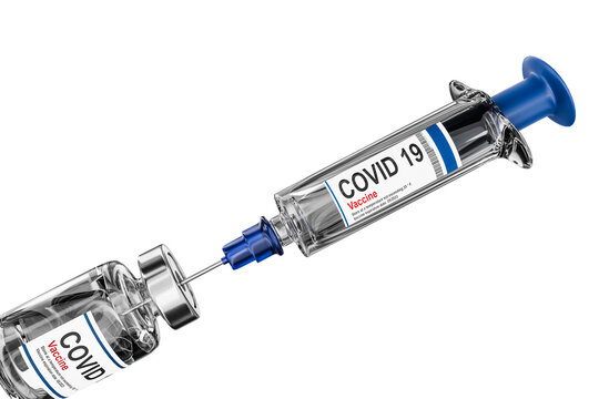 covid 19 vaccine syringe injection and ampoules for immunization and prevention of corona virus infection, nCoV 2019 pandemic, isolated healthcare 3D Illustration