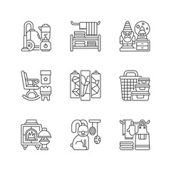 Home decor linear icons set. House appliances. Decorative figurines. Household textile. Rocking chair. Customizable thin line contour symbols. Isolated vector outline illustrations. Editable stroke