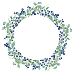 Christmas Elderberry frame. Watercolor Blue Berries and green branches. Winter clipart. Elegant wedding frame. White background