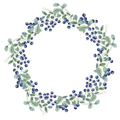 Watercolor Christmas Elderberry wreath. Blue Berries and green branches. Winter holidays clipart. Elegant wedding frame. White background