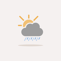 Heavy rain, cloud and sun. Color icon with shadow. Weather vector illustration