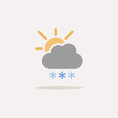 Heavy snow, cloud and sun. Color icon with shadow. Weather vector illustration