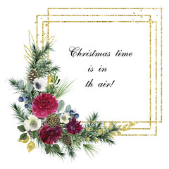 Christmas eve geometric frame. Watercolor poinsetiia, spruce branches, Fir, peony, cone. Winter Holidays. White background. Wedding invitation, save the date design.