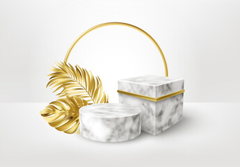 3d realistic white and black marble pedestal on white background with golden palm leaves. Empty space design luxury mockup scene for product. Vector illustration