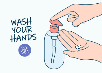 Hygiene, disinfection, coronavirus, protection concept. Hand washing with hygiene soap. Preventive measures from covid19 desease infection illustration.