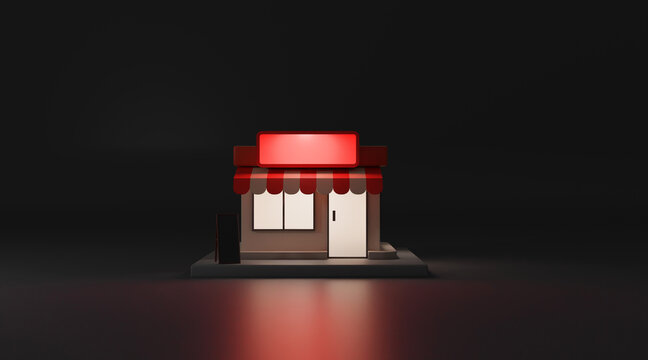 3D front store with blank store signage at night time. 3d rendering.