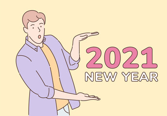 Christmas or New year concept. Young surprised man, boy in good mood waiting new year or christmas holidays