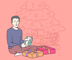 Holiday, gift, celebration concept. Young happy cheerful smiling man guy boy holding carrying many presents. New year christmas or birthday gifts giveaway illustration.