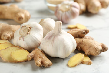 Ginger and fresh garlic on table. Natural cold remedies