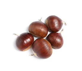 Fresh sweet edible chestnuts on white background, top view