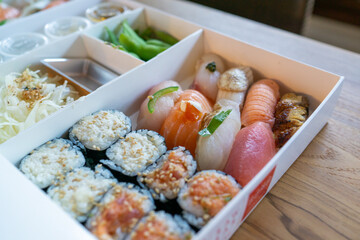 sushi and nigiri in a box