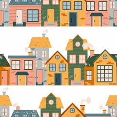 Cartoon Cottage seamless pattern. Hand drawn home facade street, townhouse and family house in countryside, urban border decor textile, wrapping paper wallpaper vector texture on white background