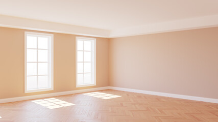 Interior Corner with Beige Walls, Parquet Floor, Two Large White Windows and a White Plinth, illuminated by the Sun with Work Path on Windows. 3d render. Ultra HD 8K 7680x4320