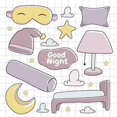 Set of colorful good night vector graphics in hand drawn style. design elements. Suitable for wallpaper, posters, banners, magazines, etc.