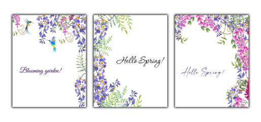 Watercolor illustration. Floral frames set. Templates from wisteria flowers and hummingbirds. Spring frames for text or photos