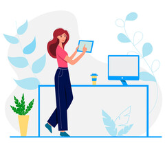 Young girl in formal wear with tablet near workplace in office. Concept businesswoman character at work with laptop. Vector illustration.