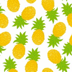 Pineapple seamless pattern. Exotic tropical fruit with stamp texture, fresh whole juicy yellow ananas with green leaves, decor textile, wrapping paper wallpaper fabric vector texture white background