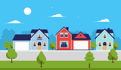 Street with houses - Neighbourhood with three homes, garages and blue sky with clouds. Vector illustration.