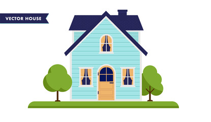 Obraz na płótnie Canvas Small suburban house vector illustration. A turquoise small home with trees and grass.
