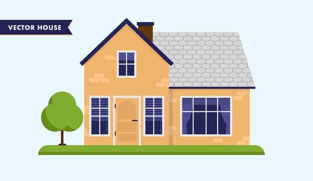 Small vector home - A brick house in beige colour with tree and grass. Vector illustration.